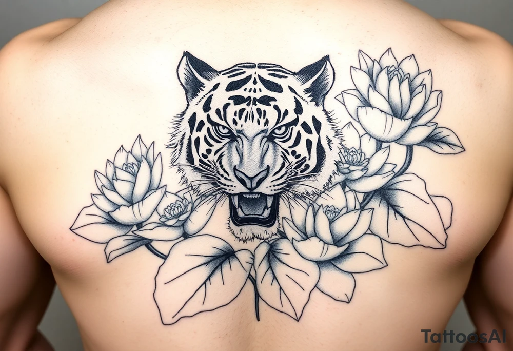 fierce tiger emerging through blooming lotus flowers in mist tattoo idea