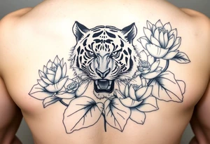 fierce tiger emerging through blooming lotus flowers in mist tattoo idea