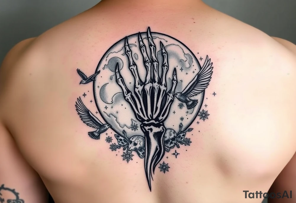 zodiac cancer skeletal hand snile with fangs on a fyull bloody moon surrounded by dead birds and a hellishly starry sky tattoo idea