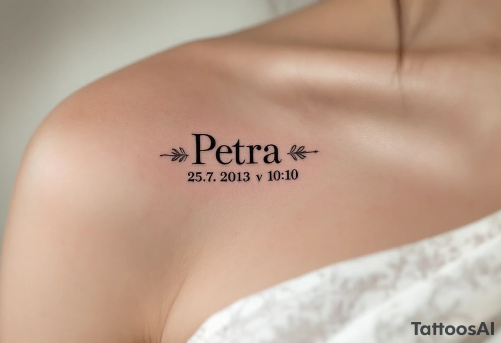 Classic serif font "Petra – 25.7.2013 v 10:10" inside a soft blush pink oval frame. tattoo idea