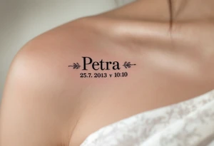 Classic serif font "Petra – 25.7.2013 v 10:10" inside a soft blush pink oval frame. tattoo idea