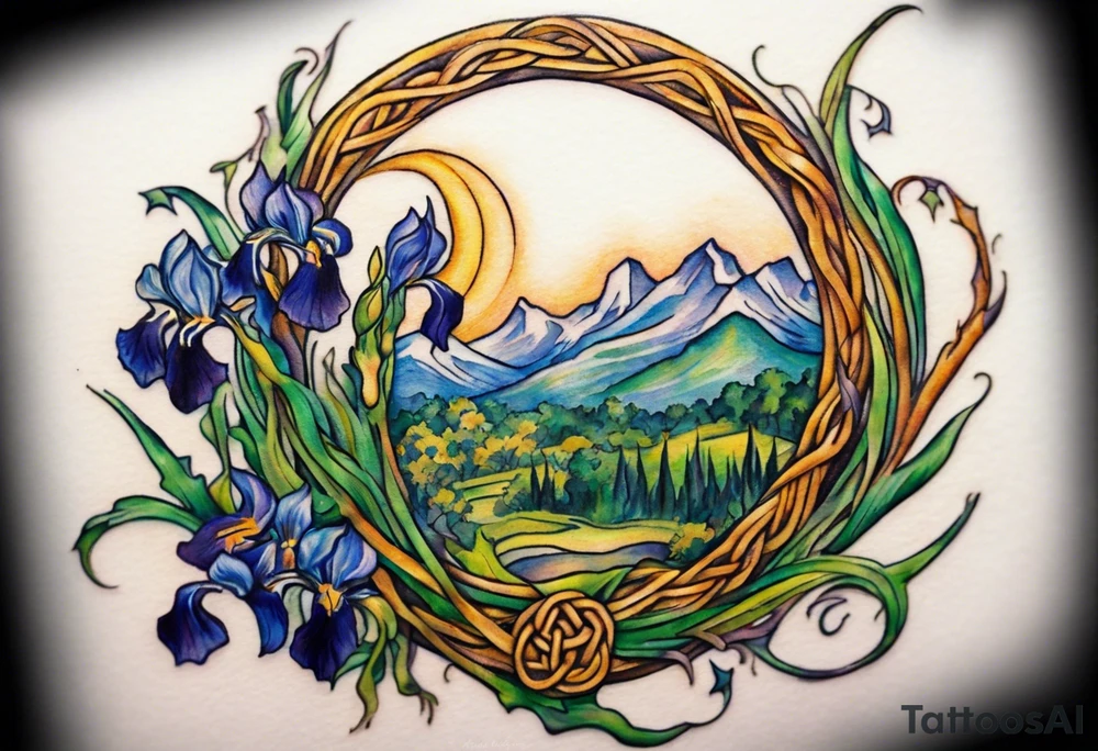 Create a small, colorful Vincent van Gogh Irises tattoo in the form of a crescent, with vines in Celtic knot style gracefully intertwining at a central point in the middle of the wreath. The intended placement is on the upper chest. The middle needs mountains. The overall design should be small in size while maintaining a delicate and artistic aesthetic. Pay attention to the graceful flow of the vines and the placement of the irises to achieve a refined and elegant look. tattoo idea