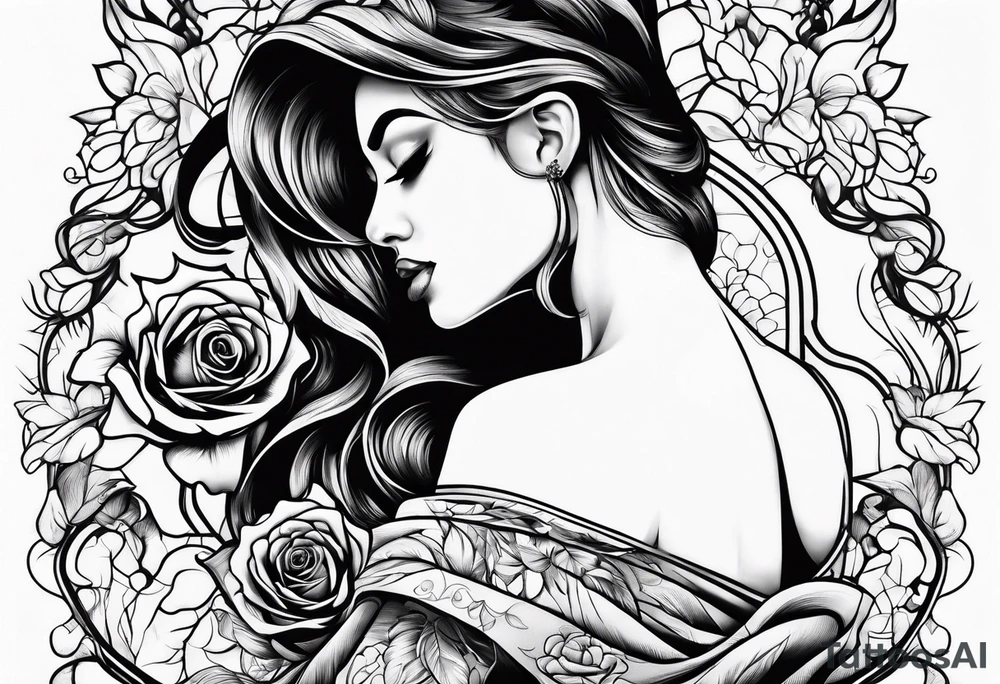 Bloomed rose with female body, kneeling tattoo idea