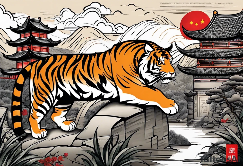 In English:

Create for me a tattoo in the Chinese style featuring a tiger, a rat, a snake, the Great Wall of China, and a temple. tattoo idea