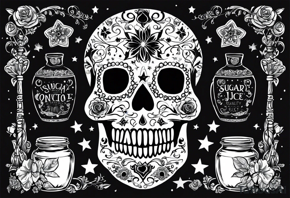 Trick or treat, sugar skull, 20 oz tumbler banner design, candy, minimalist, potions, brew, broom, spellbound, voodoo, cat, poly juice potion, moon, stars, sugar skull tattoo idea