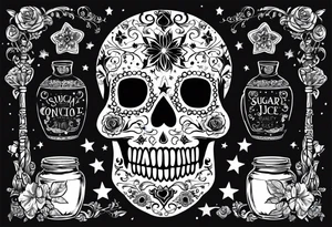 Trick or treat, sugar skull, 20 oz tumbler banner design, candy, minimalist, potions, brew, broom, spellbound, voodoo, cat, poly juice potion, moon, stars, sugar skull tattoo idea