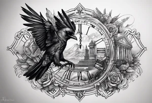 I want a tattoo that goes from the shoulder to the elbow including a scorpion, the metraton cube, the crow and the Roman numeral 19. tattoo idea