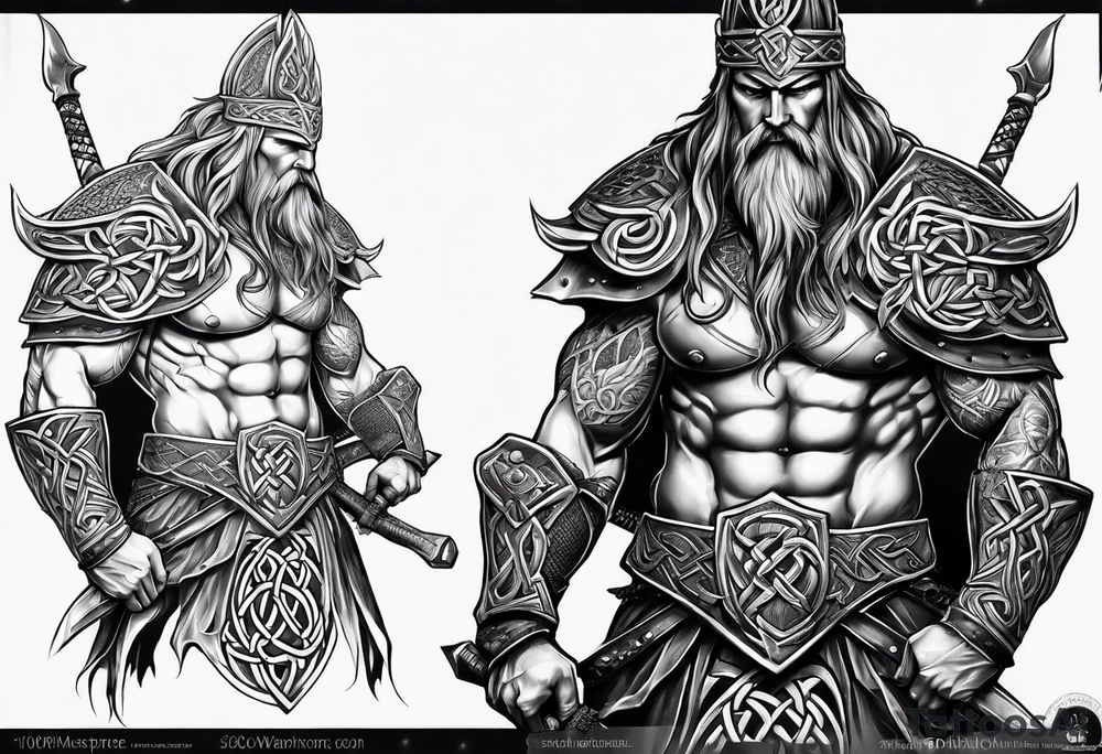 Full body side profile of a Celtic warrior with weapons tattoo idea