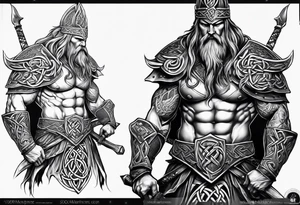 Full body side profile of a Celtic warrior with weapons tattoo idea