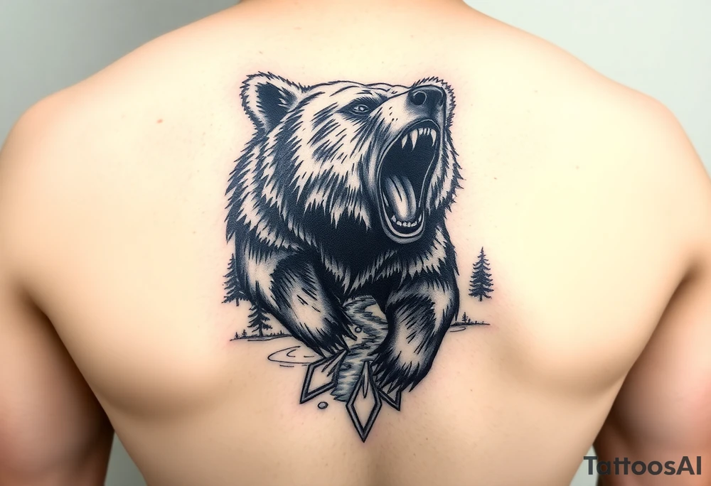 roaring bear,forest,river. tattoo idea