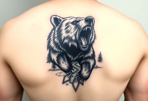 roaring bear,forest,river. tattoo idea
