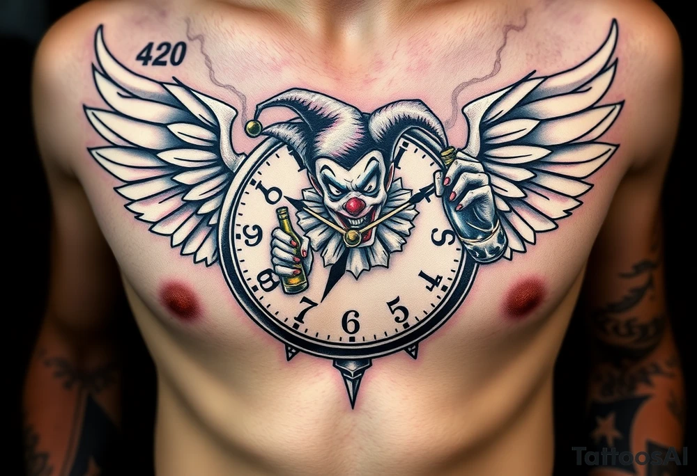 a evil jester clown floating in smoke with a  clock, the time says 420,  with two open wings besides the clock, smoke as the spring rising from the clock, a jester clown coming out the smoke, smoking in one hand with a liquor bottle on the other hand tattoo idea