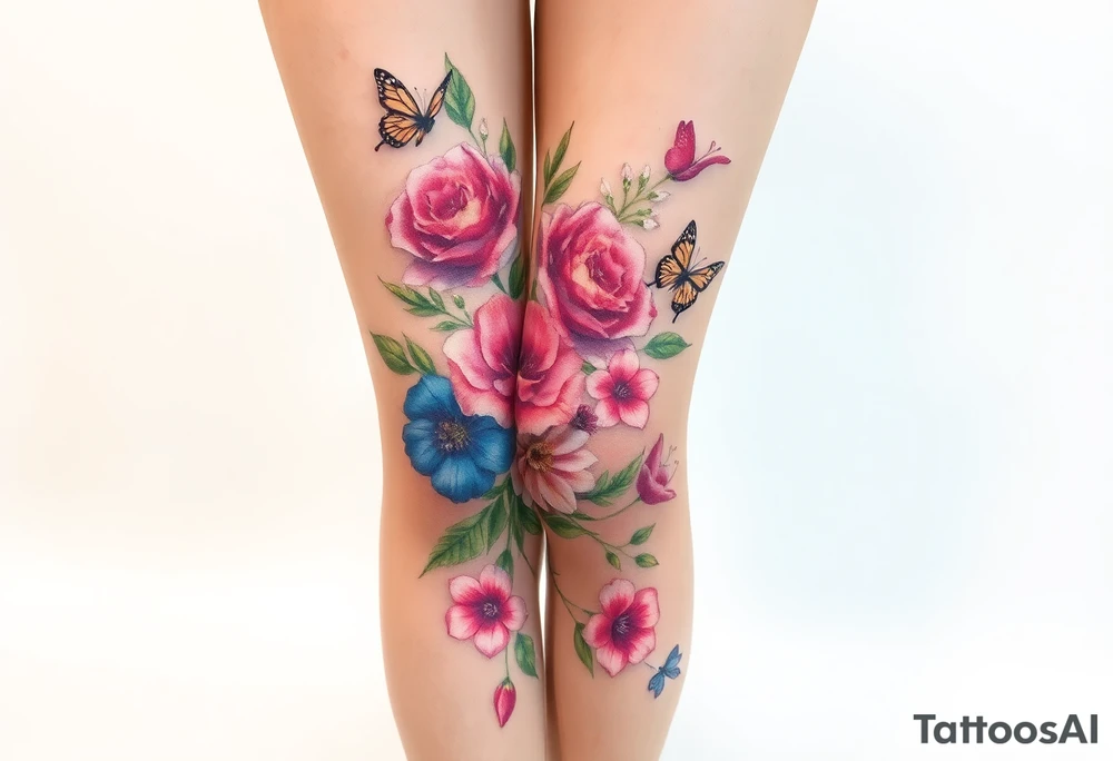 Realistic roses tulips and lilies 
and leaves and butterflies with embellishments that goes down and wraps around the leg tattoo idea