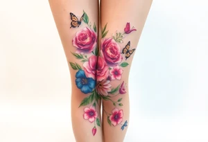 Realistic roses tulips and lilies 
and leaves and butterflies with embellishments that goes down and wraps around the leg tattoo idea