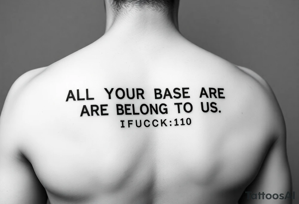 "Tattoo of a corrupted .txt file:  
Visible text: 'ALL YOUR BASE ARE BELONG TO US'  
Corrupted parts: 'IFUCK10' repeated in hex-code.  

Style: Data moshing. Black ink, forearm." tattoo idea