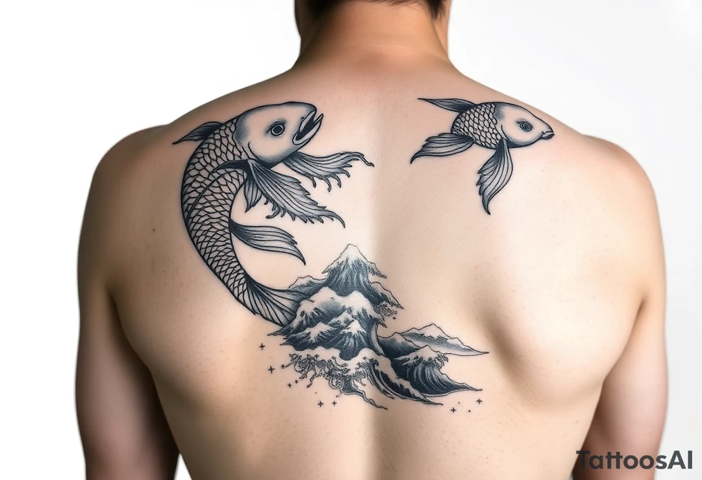 Koi fish and elephants with a wave design and underwater mountains  to go on the arm with alot of shading and intricate details tattoo idea