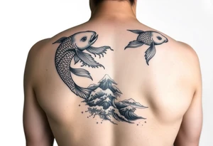 Koi fish and elephants with a wave design and underwater mountains  to go on the arm with alot of shading and intricate details tattoo idea