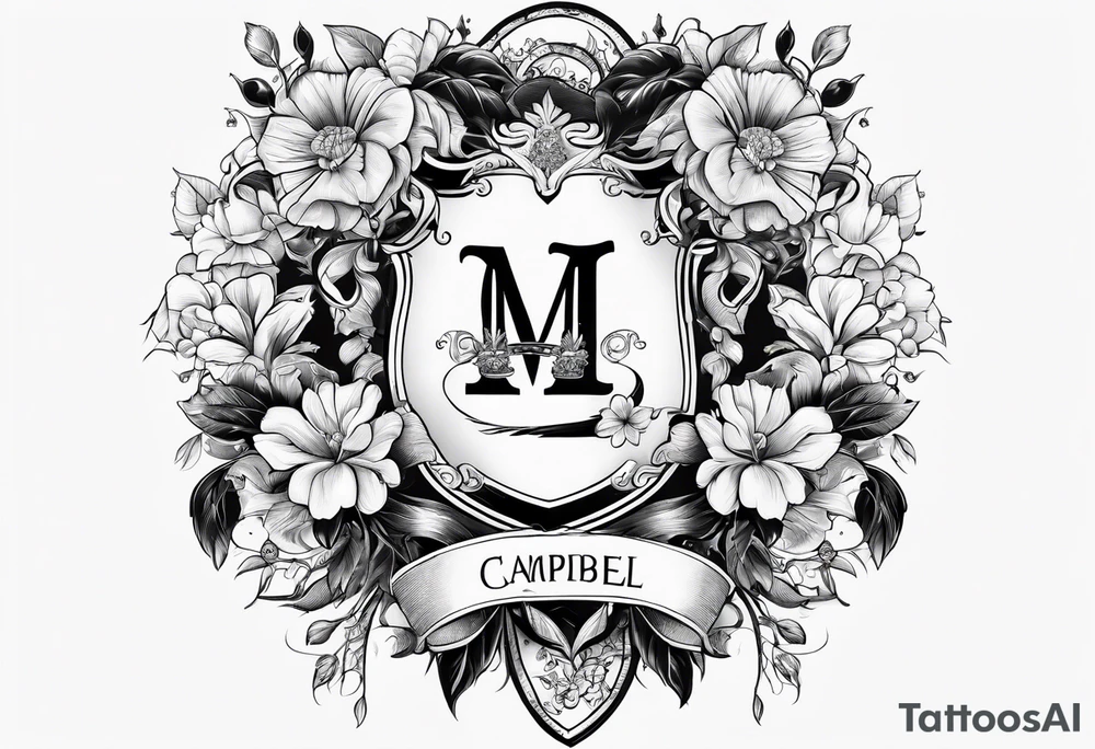 Campbell family crest with flowers around it tattoo idea