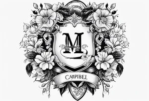 Campbell family crest with flowers around it tattoo idea