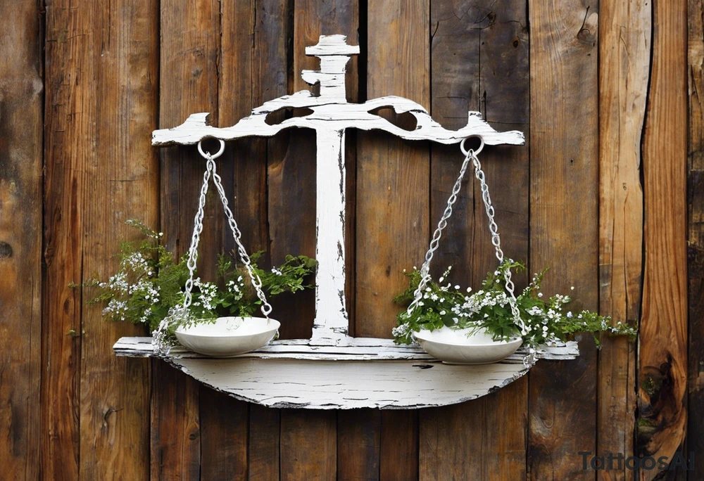 I need you to draw me a old libra scale out of tattered wood. The ends of the cross of wood need to be  broken. I need the bottom to look tattered possible cracks and holes  in wood of scale. I need vines with little white flowers wrapped all the way up the scale across the wood beam. And I want the scale bowls need to be attached by the vines. And I want the two weights of the scale to be wooden as well. They also need to look tattered. The weights need to be fastened on by the vines. I need to make it look like the ends of the vines on both scales is just loosely. I need to incorporate pieces koi fish in beautiful blues greens, and pinks.The fish need to be one on each scale balancing the scale and the tail of the left on, pointing down. the beautiful fish tail fins needs to be covering part of the tattered piece and the fish on the rights tail will be facing unpard with the fin of beauty starting to court the same pic the pieces fish need to be placed in the scale bowls the need to of large size to so theyv  Fill each scale and are persuading out the bowls tattoo idea