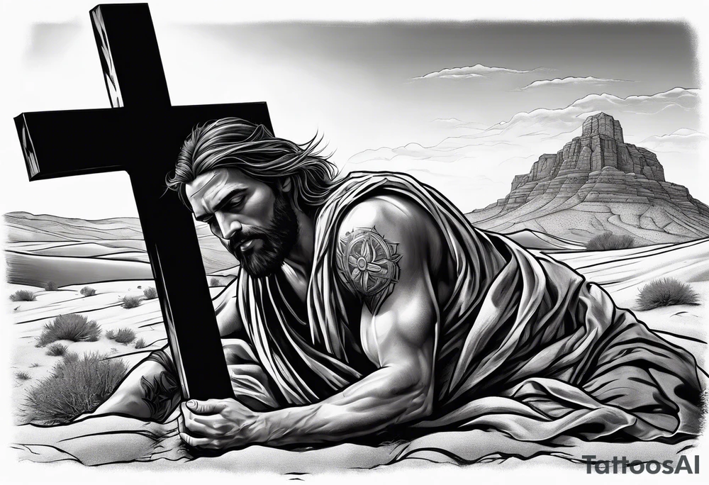 man crawling in a desert reaching to the cross of Christ tattoo idea