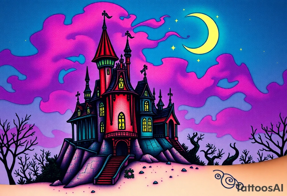 Tim Burton’s disney sleeping beauty’s haunted castle is abandoned and dripping with muted reds, dusty pinks, and eerie green glow.purple and cyan smokey clouds swirl in the crescent moonlit sky thats sprinkled with stars tattoo idea tattoo idea