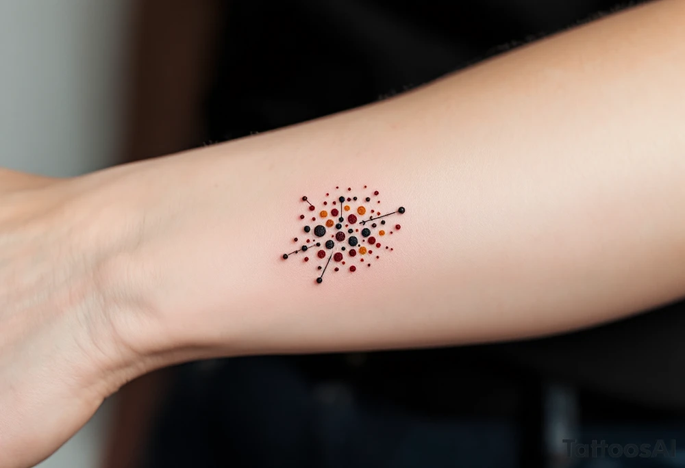 Cluster of tiny burgundy and ochre dots on the inner forearm – Organic, pollen-like design inspired by wildflowers. tattoo idea