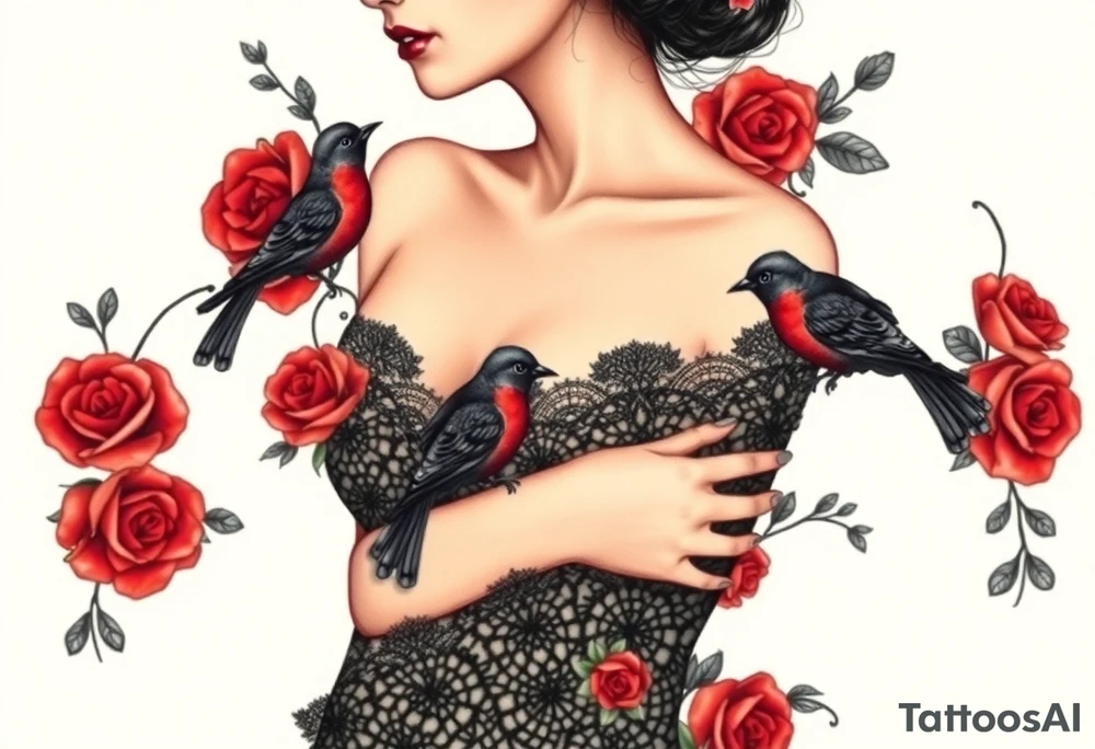 Vintage black lace, red roses, red birds, vintage, wrap around, tighter together, no space open tattoo idea