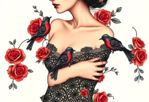 Vintage black lace, red roses, red birds, vintage, wrap around, tighter together, no space open tattoo idea