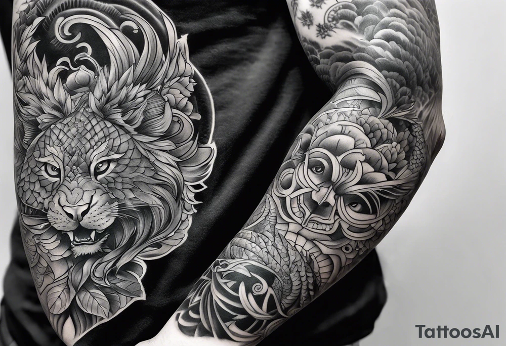 High contrast black and grey Japanese full arm sleeve tattoo idea
