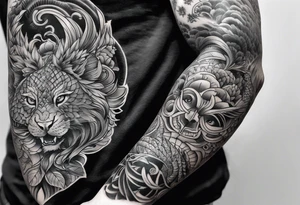 High contrast black and grey Japanese full arm sleeve tattoo idea