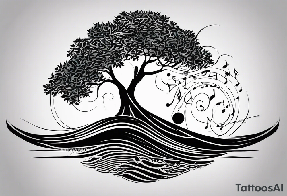 an abstract Tree of Life tattoo. It should have roots growing out of the bottom. The roots slowly turn into water from the Great Wave by Hokusai. A golf flag should be placed discreetly growing out of the ground. 2 license plate tags should be hanging from the tree. Place a few music notes in the areas the leaves should be. The letters A U should be engraved into the tree trunk in a heart. tattoo idea