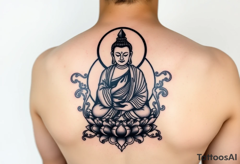 "Tibetan thangka tattoo with a crypto twist:  
1. Central figure is a Buddha with a QR-code face  
2. Halo replaced by Ethereum symbol (geometric)  
3. Lotus throne sits on server rack  

Style: Black ink, line art with dotwork shading. Size: 10x15cm (forearm/back). No background." tattoo idea