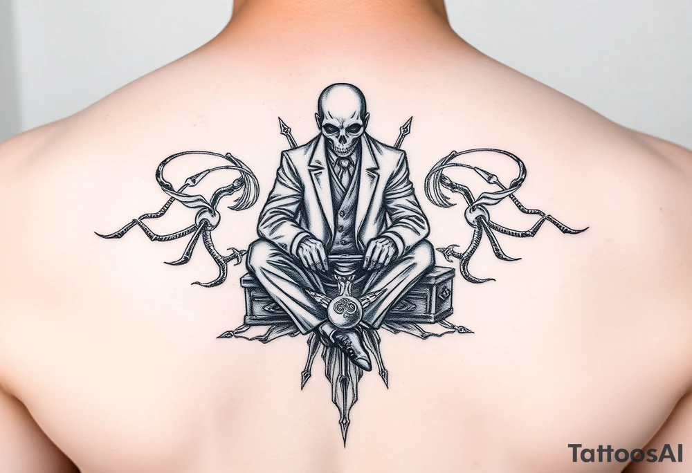 Fine line black and gray Seated mediator suicide survivor tattoo idea