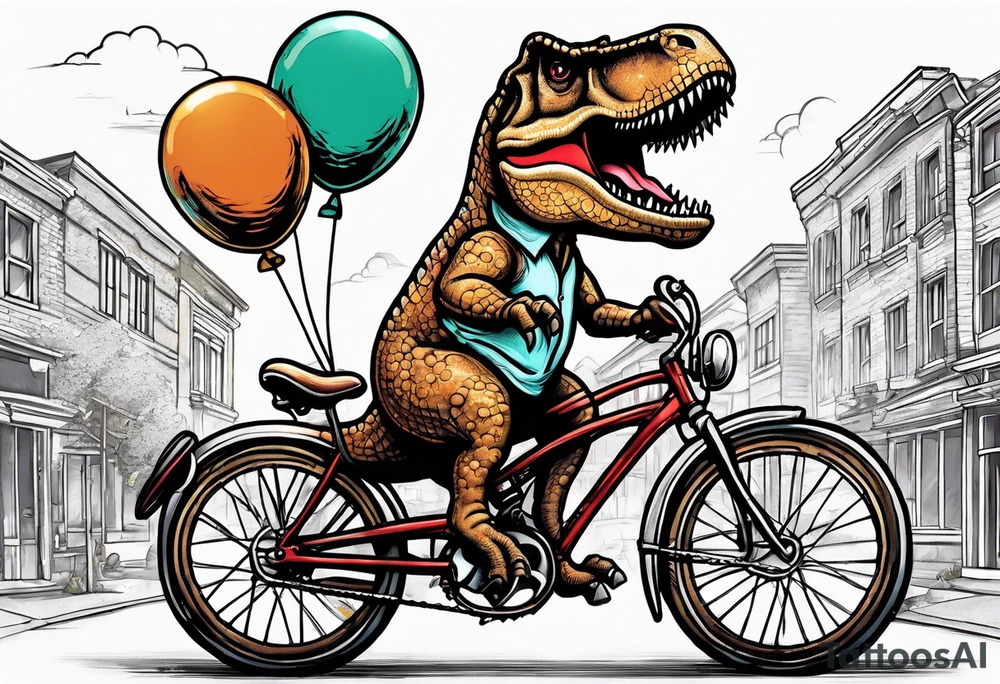 T-rex riding a bicycle holding balloons neo trad tattoo idea