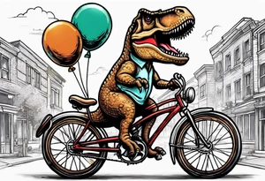 T-rex riding a bicycle holding balloons neo trad tattoo idea
