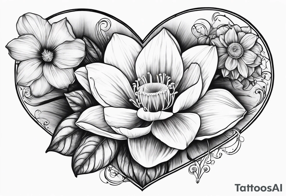 A daffodil a water lily and a morning glory in a heart tattoo idea