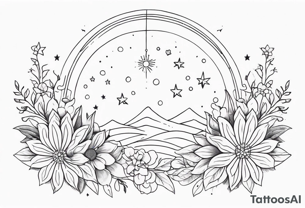 fine line with sun, stars, floral, dots. Sternum tattoo tattoo idea