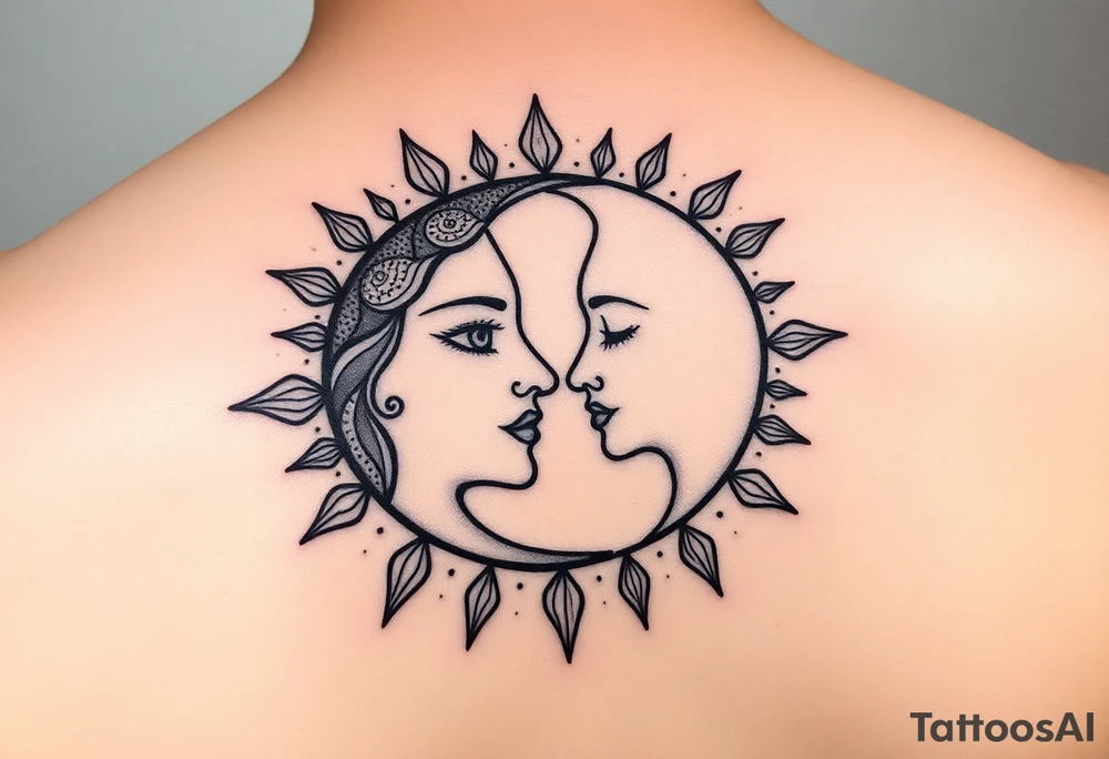 sun and moon with female faces together tattoo idea
