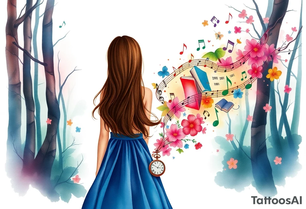 Surreal Back view of the silhouette of a brown hair girl in a blue dress inside a forest. She is following a colorful swirl of music notes, books, and flowers. A pocket watch is at the end of the swirl. tattoo idea