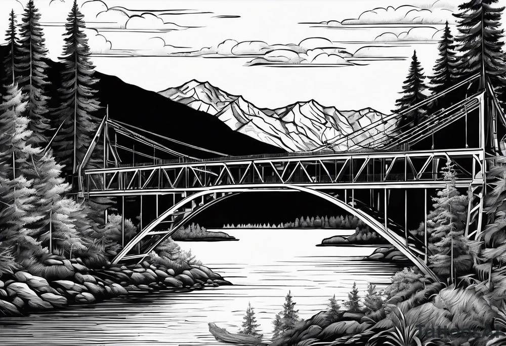 steel truss cantilever bridge over river, mountains, sky, trees, pacific northwest tattoo idea