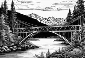 steel truss cantilever bridge over river, mountains, sky, trees, pacific northwest tattoo idea