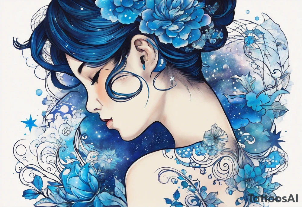 I want a Galaxy spyral tattoo the ones that look like an s shape because they are spinning so fast I want it in all blue but different shades of blue and it will be on my ass cheek so make it cute and conples and very aesthetic tattoo idea
