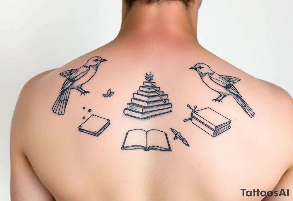 Minimalist fine line tattoo incorporating birds, nature, books, science tattoo idea