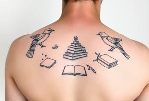 Minimalist fine line tattoo incorporating birds, nature, books, science tattoo idea