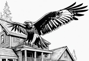 Hawk taking off from collapsing house tattoo idea