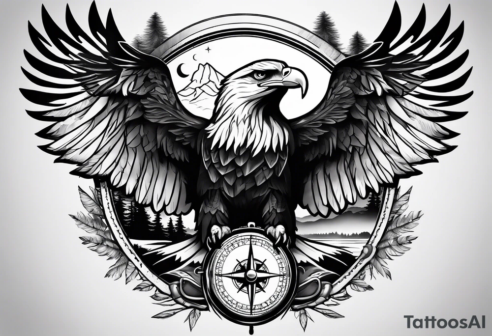 Eagle with forest scenery and compass tattoo idea Eagle with forest scenery and compass tattoo idea
