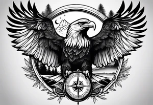 Eagle with forest scenery and compass tattoo idea