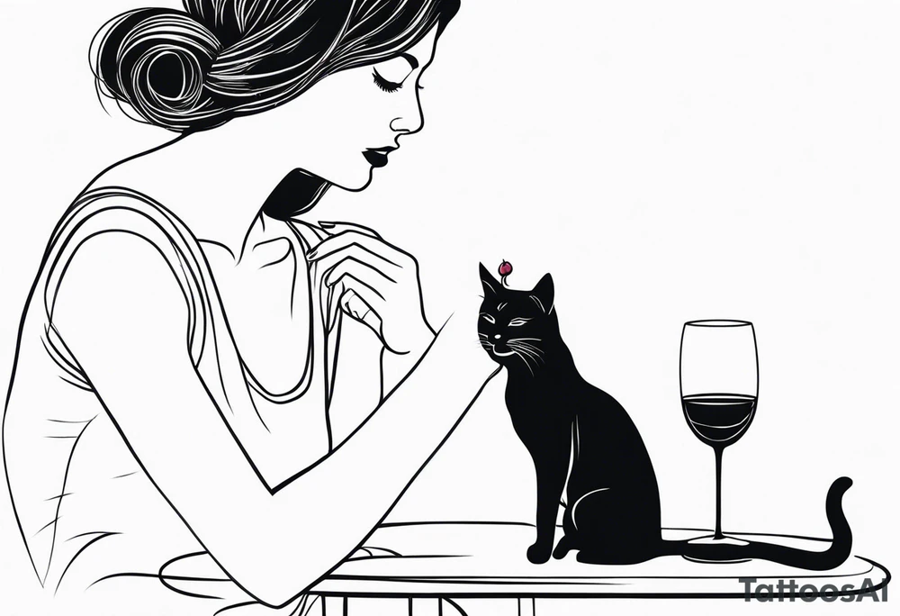 Tatuagem de uma mulher tomando vinho acariciando um gato tattoo idea
