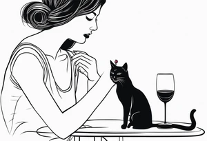 Tatuagem de uma mulher tomando vinho acariciando um gato tattoo idea